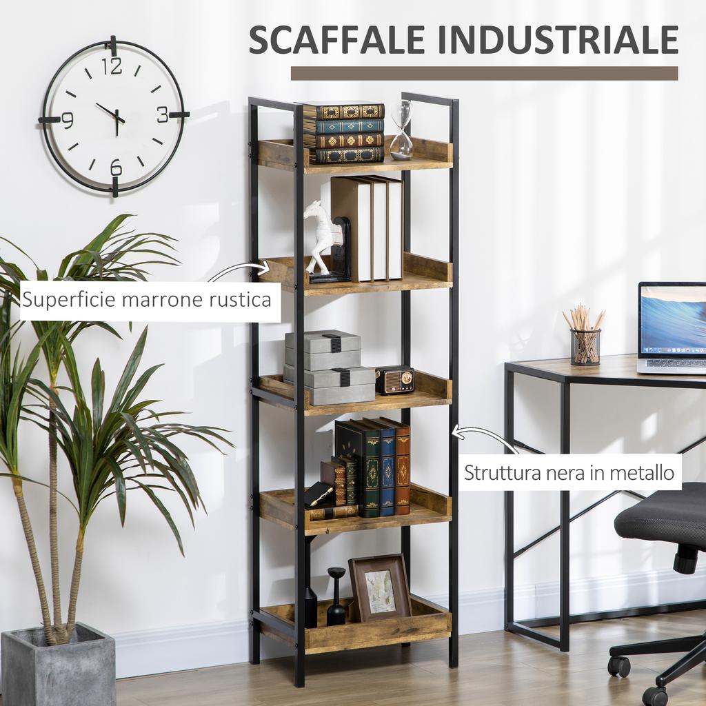 Industrial Style Bookshelf With 5 Shelves In Wood And Metal 48x30x155cm Rustic Brown
