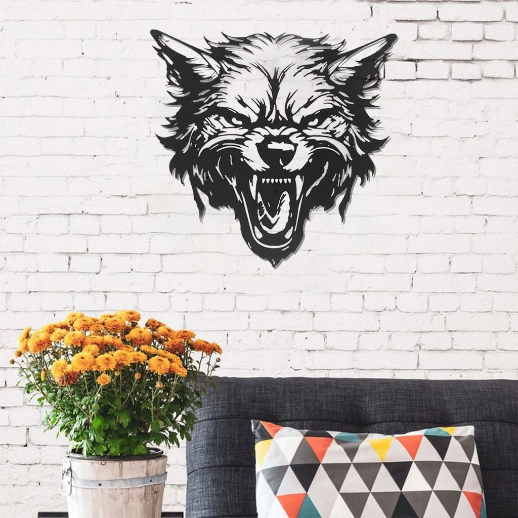 Fierce Wolf Head Wall Art Wrought Iron Roaring Wolf Wall Hanging Decoration for Living Room Bedroom Office
