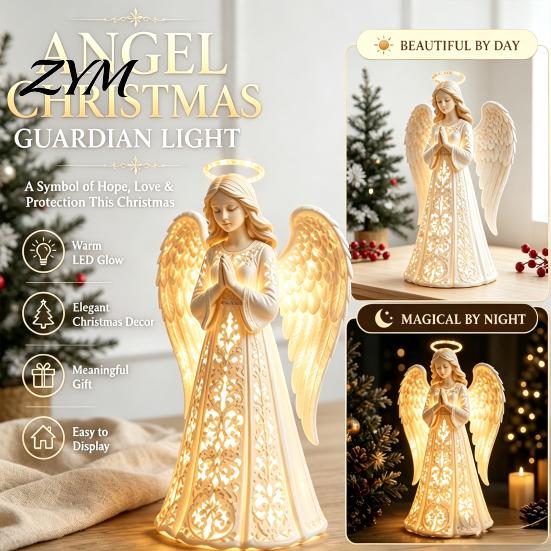 Hollow Carved Angel Sculpture Praying Night Light, Resin Decorative Figurine with Warm LED Lights Thoughtful Present for Friends Home Decor, Tabletop