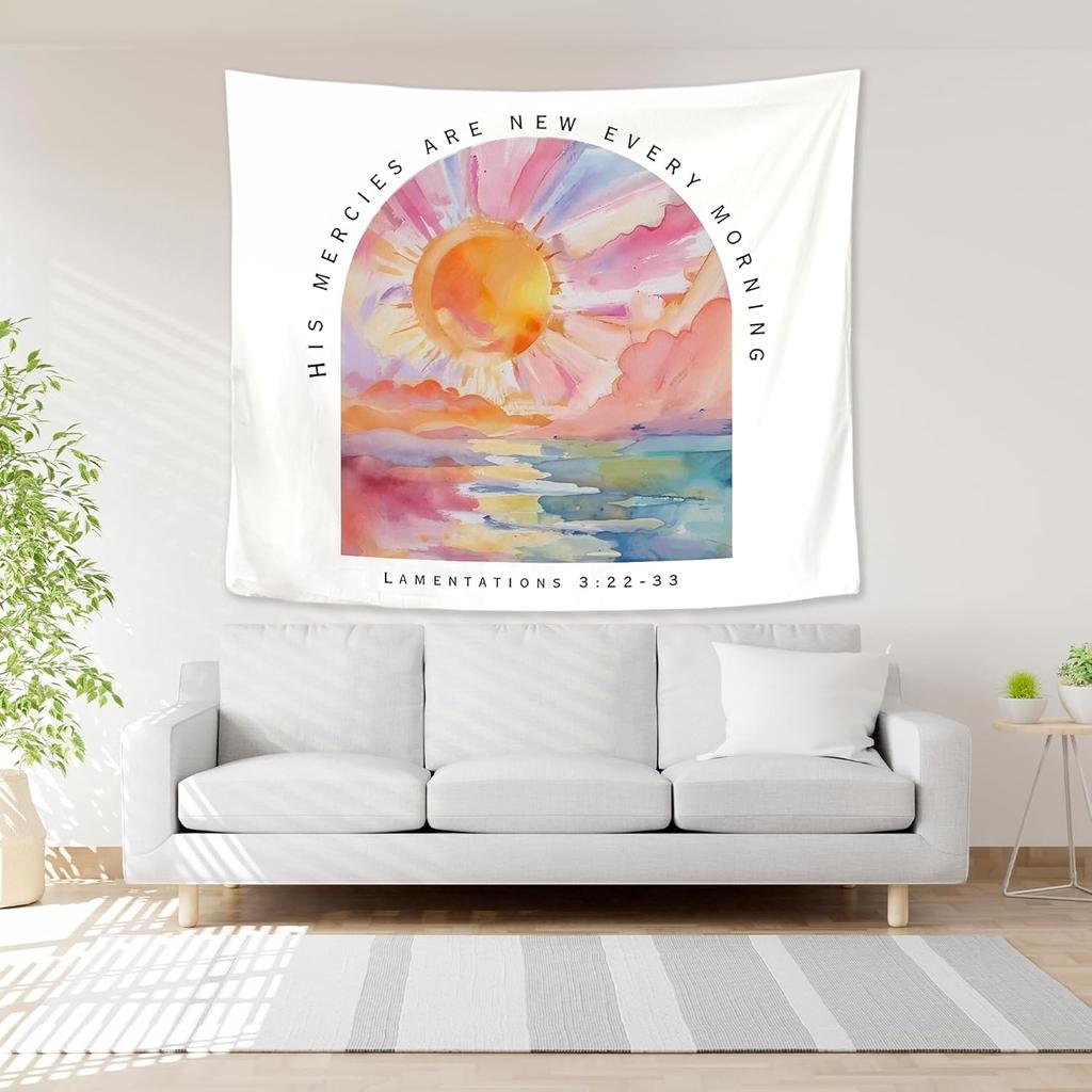 His Mercies Are New Every Morning Bible Verse Wall DecorReligious Scripture Tapestries Wall Blanket for Church Prayer Room Home