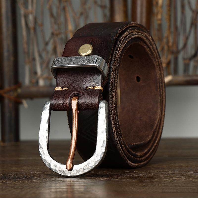 Belt Men's Retro Distressed Carved Top Layer Cowhide Leather Hammered Steel Buckle Korean Style Trendy Jeans Belt