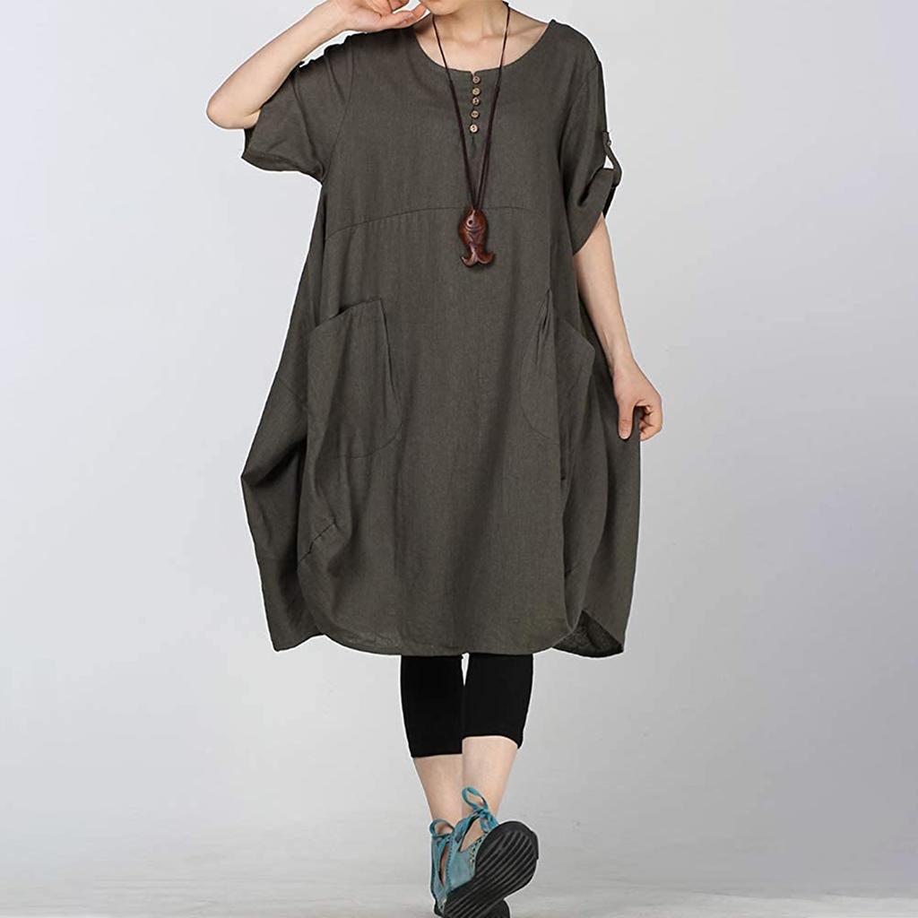 Women's Fat MM Linen Plus Size Lantern Skirt Round Neck Waist Dress