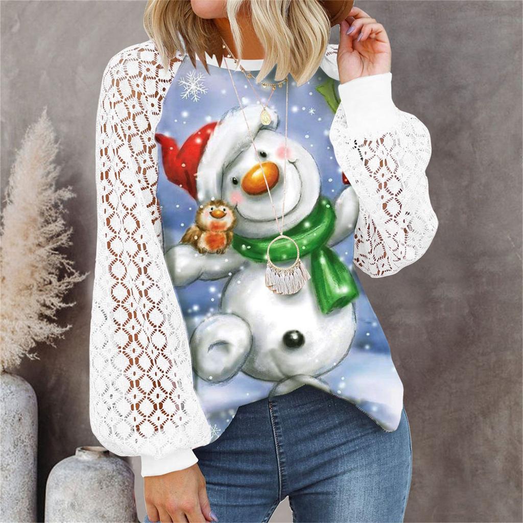 Women’s Christmas  Long Sleeve Tops Lace Casual Loose Blouses T Shirts Tunic Tops