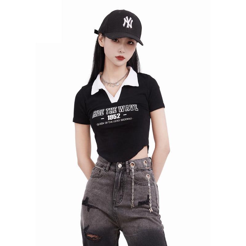 Women's Summer Slim Fit Irregular Block Polo T-Shirt with Spicy American Style
