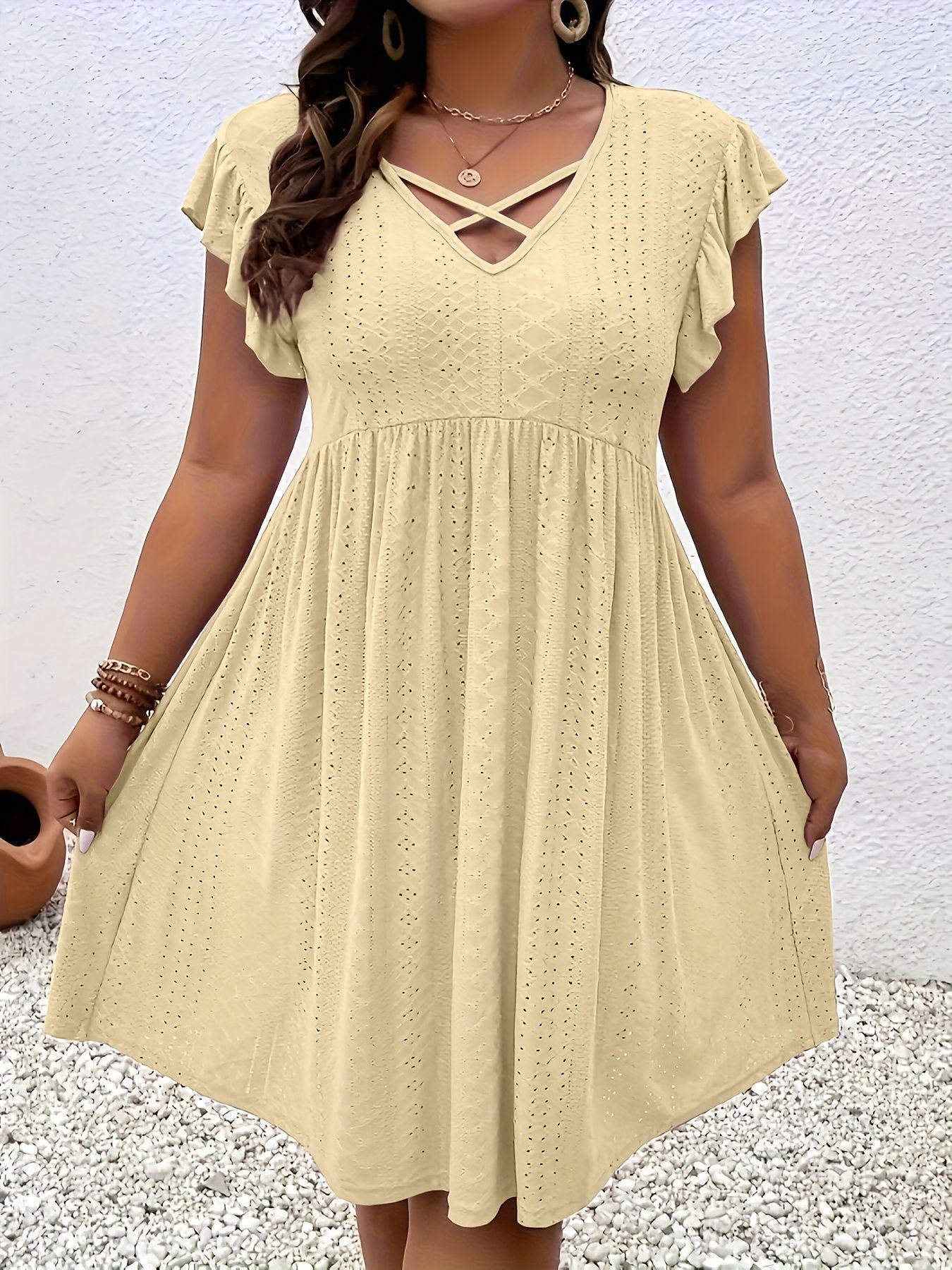 2026 European Spring Women s V-neck Hollow Short Sleeve Cover-up Dress XL золотистый