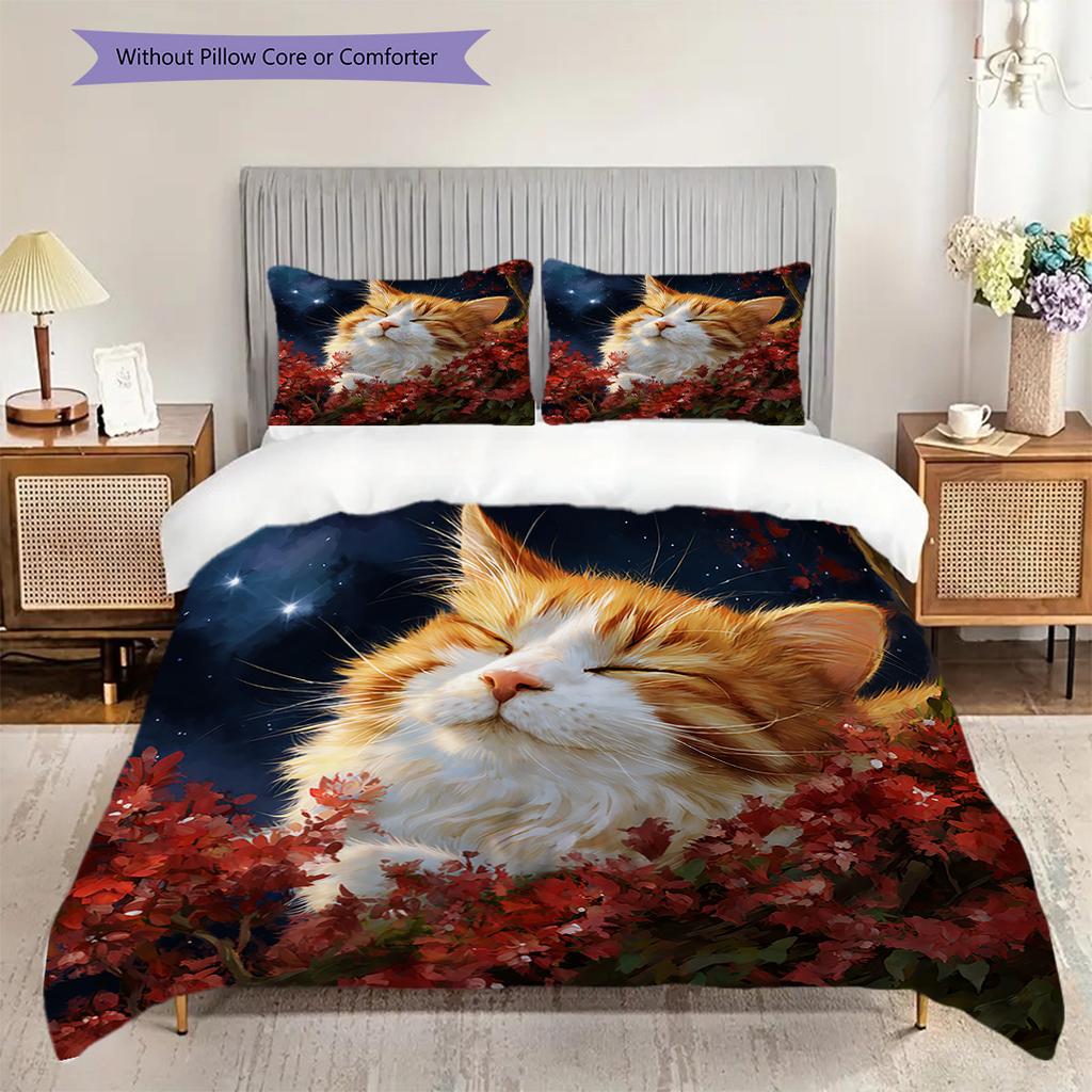 Ginger Cat Pattern Bedding Quilt Set Quilt Cover Pillowcase Home Decoration Birthday Gift (1 * duvet cover + 2 * pillowcase, without core)