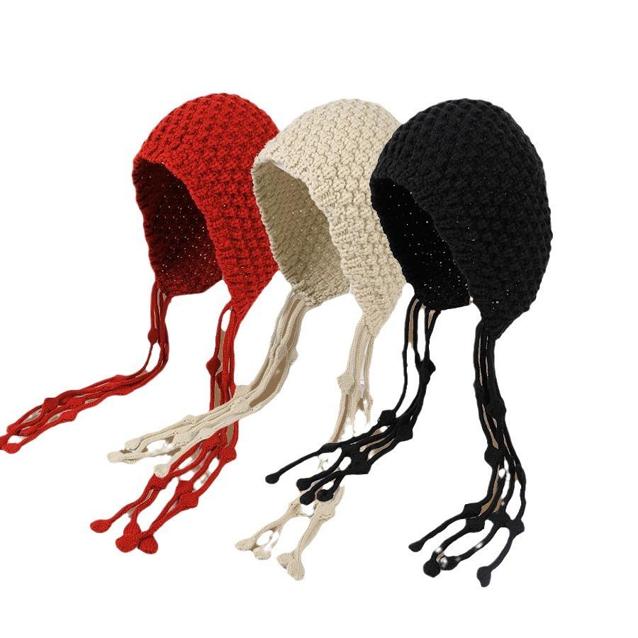Hand-woven fringed knitted hat women's winter new wool knitted hat hollow ear protector warm Lei Feng hat