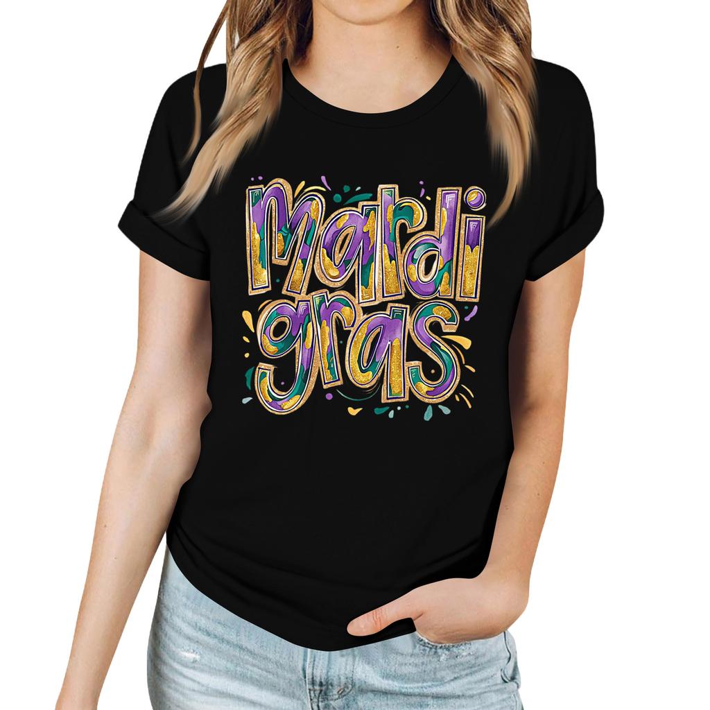 Women's Casual Carnival Print T-Shirt Round Neck Pullover Short Sleeve Top