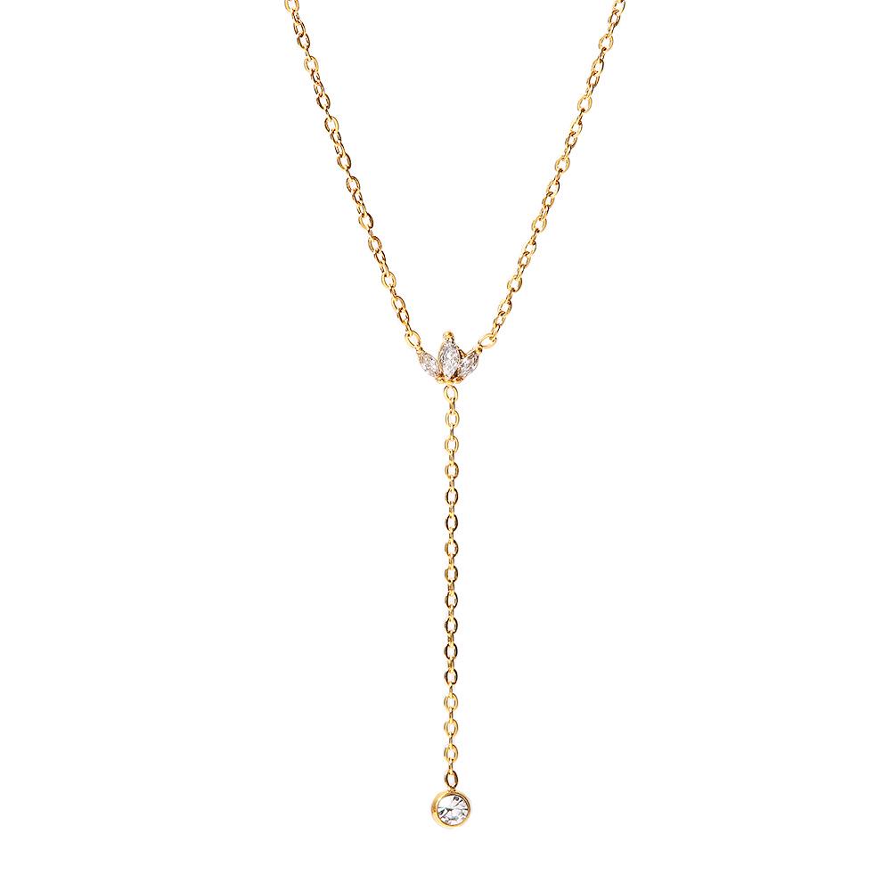 Women's French Style Titanium Steel Crown Pendant Necklace - 18K Gold with White Zircon