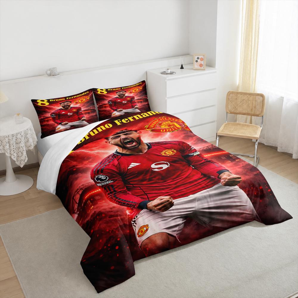 Duvet Cover Set with 2 Pillowcases 3 Pieces - Bruno Fernandes Manchester United Action Print - Red Soccer Decor for Fans