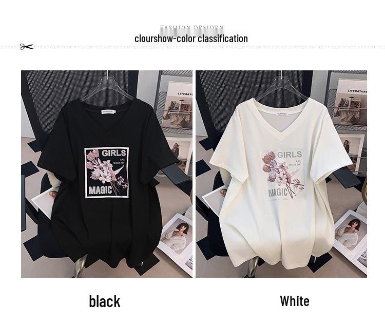 Plus Size V-Neck Mid-Length Short-Sleeve T-Shirt for Women (200/300/350 Jin) - New Style Slim Fit