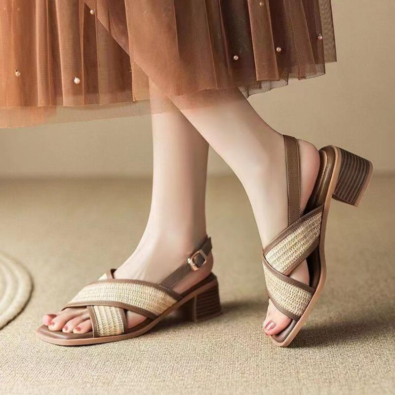 

Fashion Summer New Coarse Heel Sandals for Women Square Head Open Toe Matching Color Line with Anti-slip Wear-resistant Heel Shoes 40