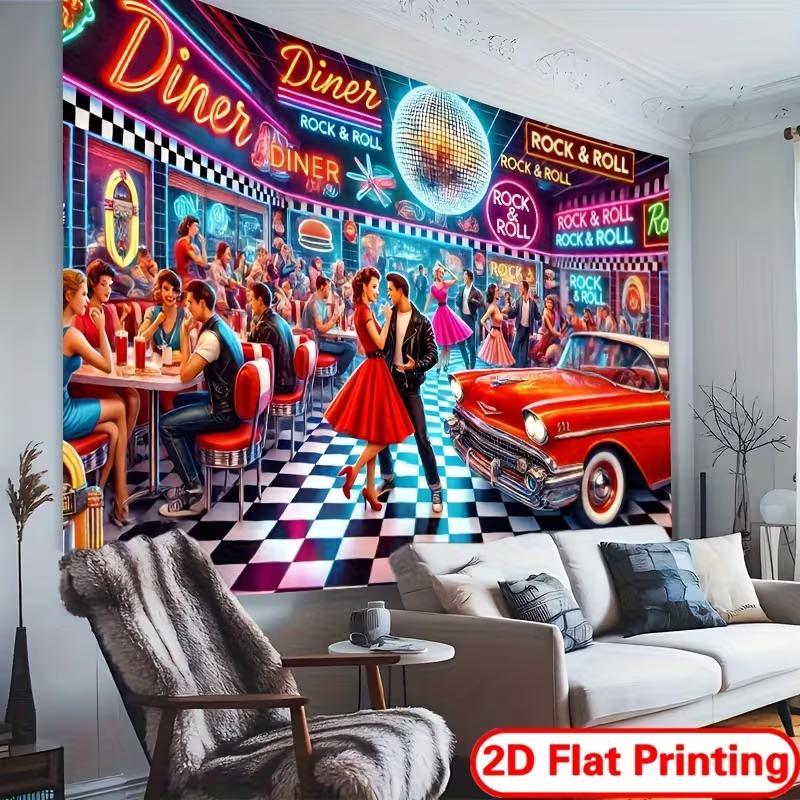 2D Vintage 1950s Diner Backdrop Rock & Roll Party Photo Background Cloth