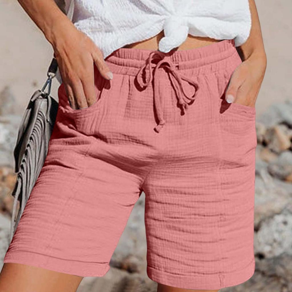 Pants For Women Casual Summer Solid Color Elastic High Waist Cotton And Linen Loose Pants Drawstring Pocket Mid Leg Pants