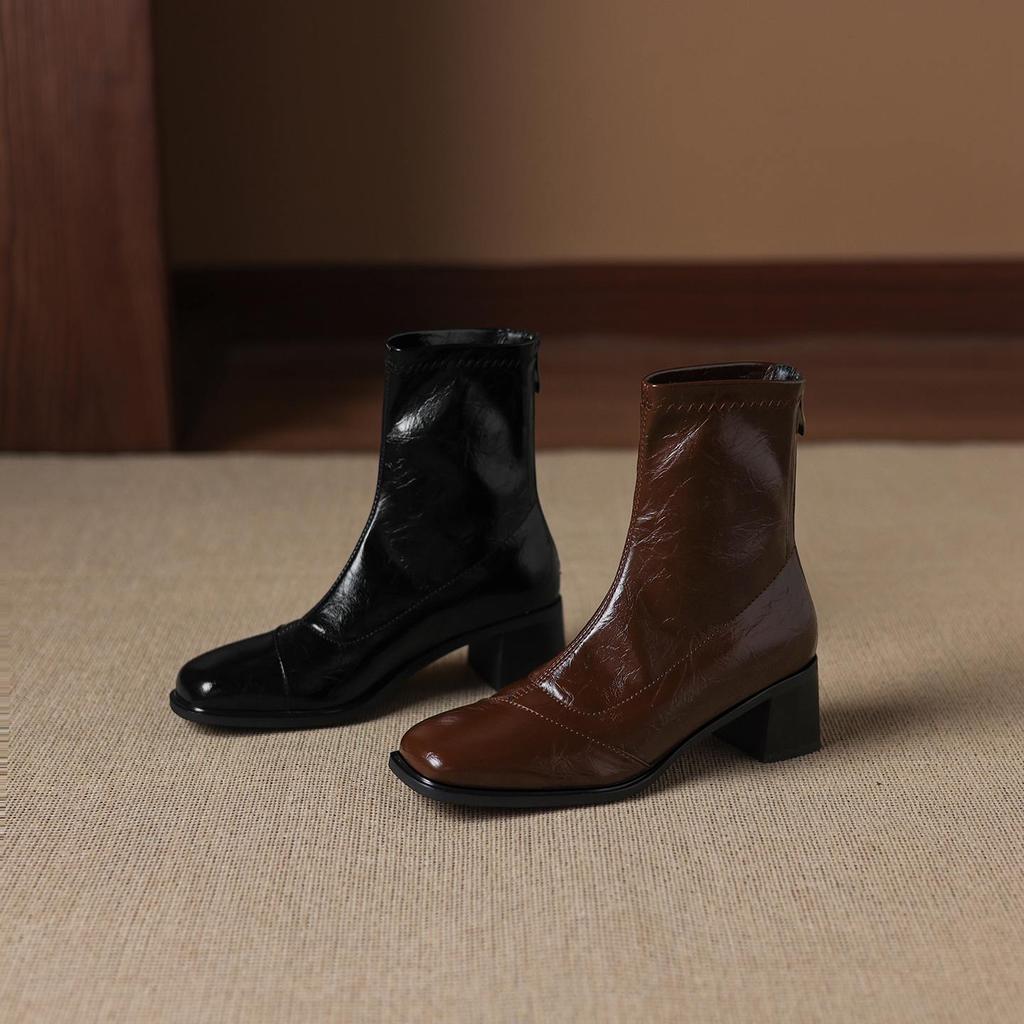 Krazing Pot Microfiber Square Toe Med Heels Elastic Boots Size 43 Slip On Women  Basic Design Ankle Boots