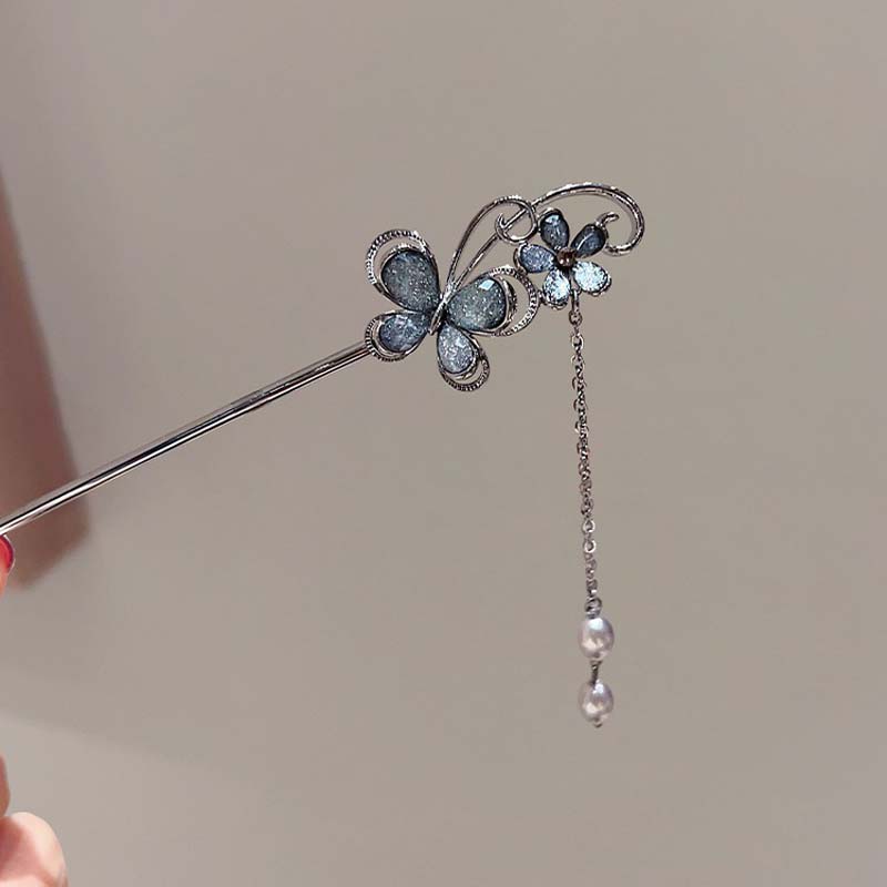 Chinese Style Ink Flower Tassel Hairpin For Women Girl Vintage Metal  Black Beads Fringe Hair Clasp Hanfu Hair Jewelry