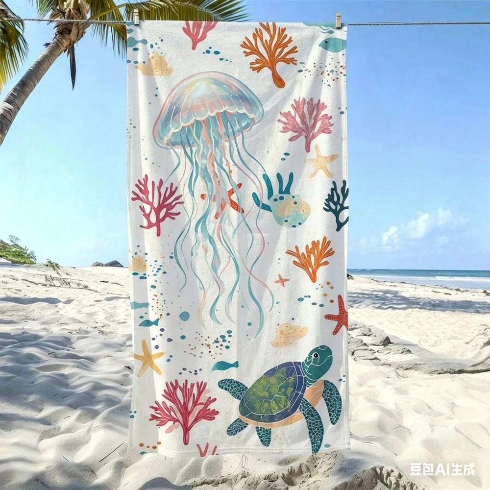 Cute Sea Turtle Microfiber Beach Towel, Ocean Life Coral Starfish Bath Towel, Tropical Animals Travel Blanket for Kids Adults