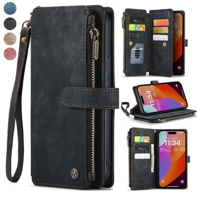 Etui skórzane CaseMe Zipper Wallet Multi Card Flip do iPhone'a 15 14 Plus 13 12 11 Pro Max XSMax XR 8 Samsung S24 S23 S22 S21 Ultra Plus A14 A54 A13 A53