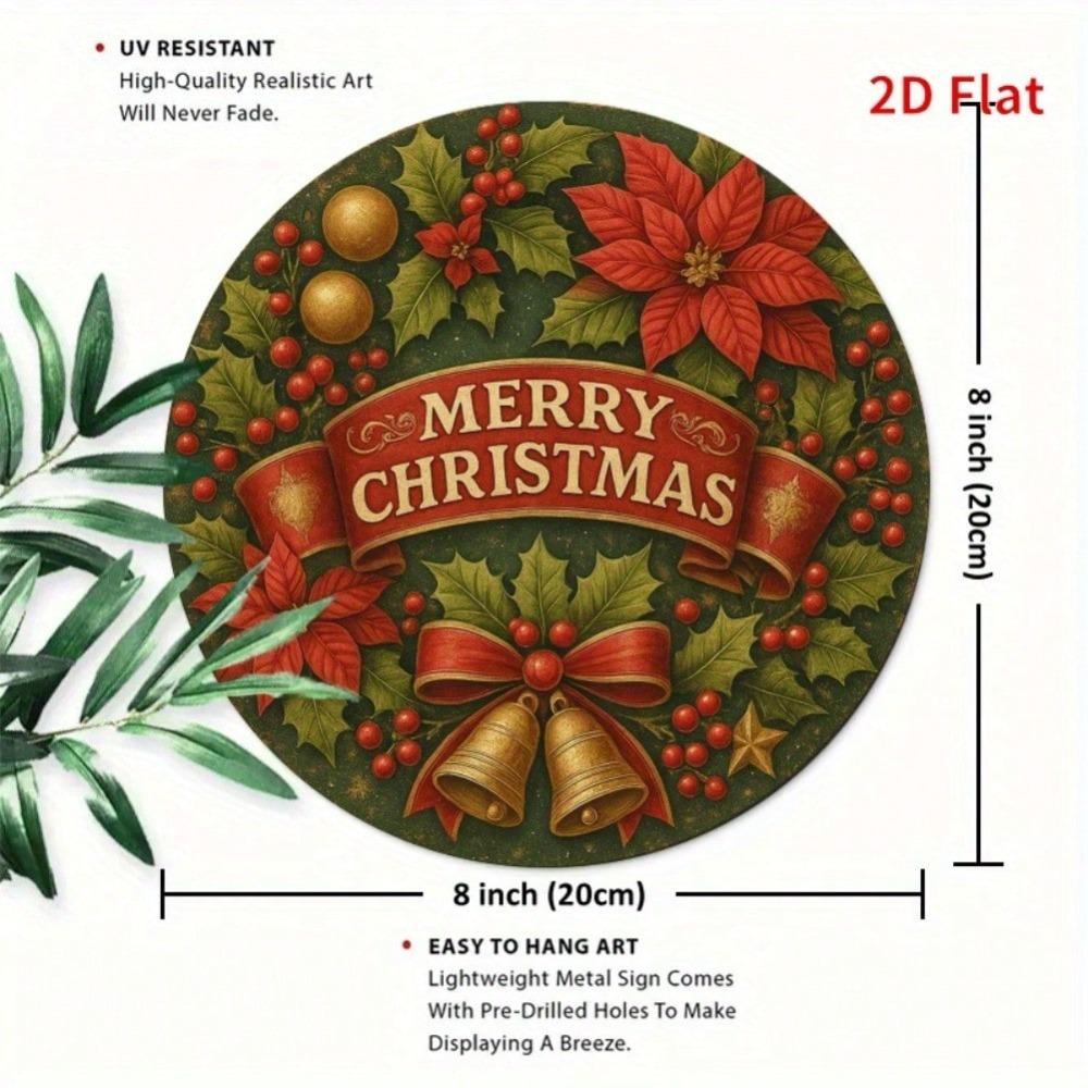 Vintage Christmas Wreath Metal Wall Art Festive Poinsettias Bells Ribbon Gift Home Decor Kitchen Holiday Office Garden