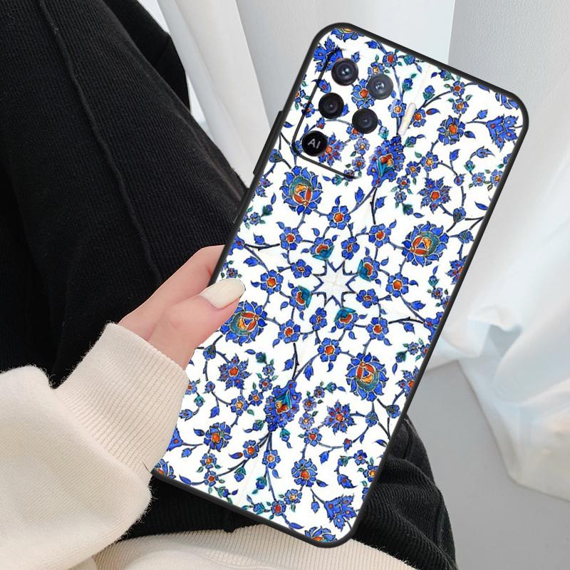 Square Turkish Flower Tiles Case For Oppo A17 A57 A77 A40 A78 A54 A74 A94 A76 A16 A96 A18 A60 A80 A38 A58 A98 A15 A5 Pro