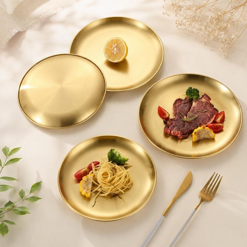 Stainless Steel Golden Round Plate Metal Dinner Serving Tray Gold‑Tone Dish for Steak Fruit Dessert Snack Kitchen Tableware