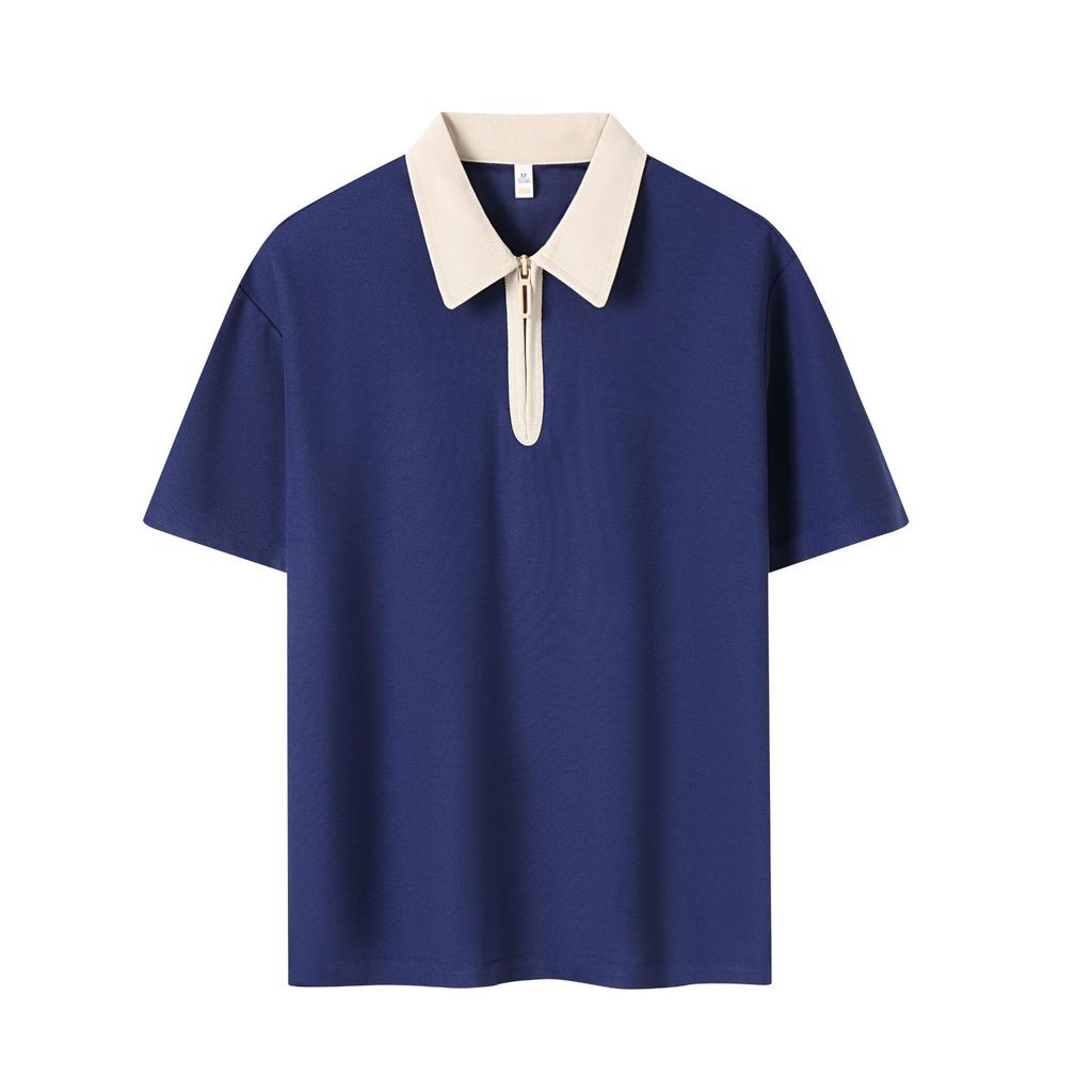 Summer Half Zipper Color Blocked Collar Top Simple Couple Polo Shirt