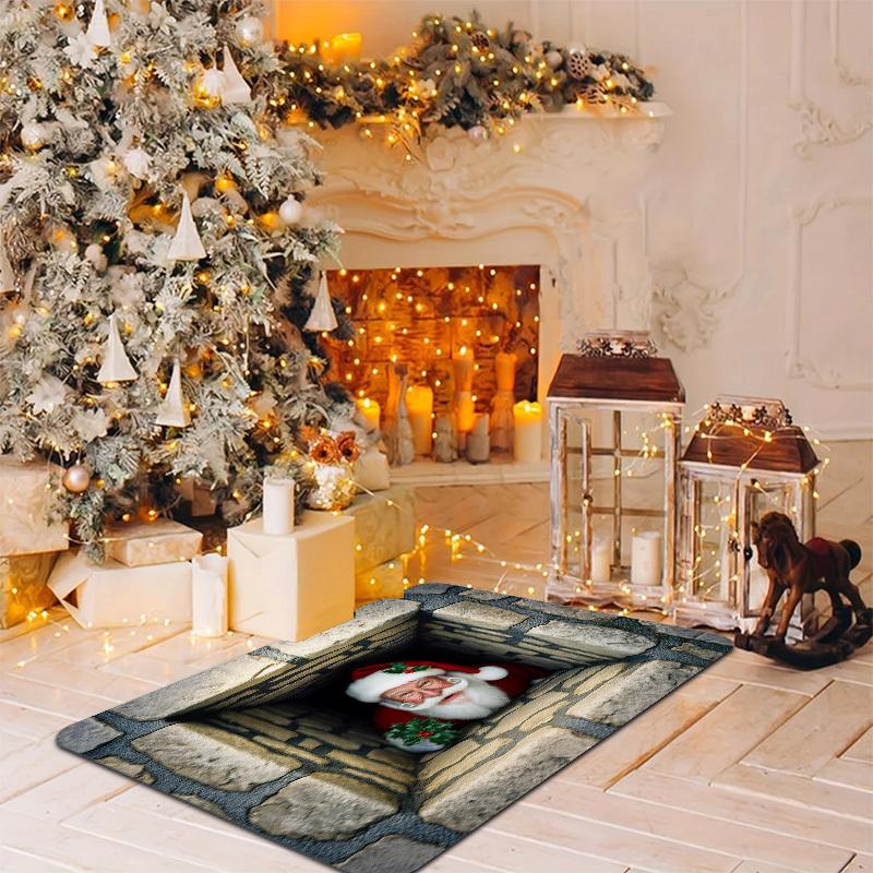 3D Nikolaus Spähend Fußmatte Lustiger Tunnel-Illusion Teppich, Rutschfester Maschinenwaschbarer Gepolsterter Türteppich für Feiertagsdekoration