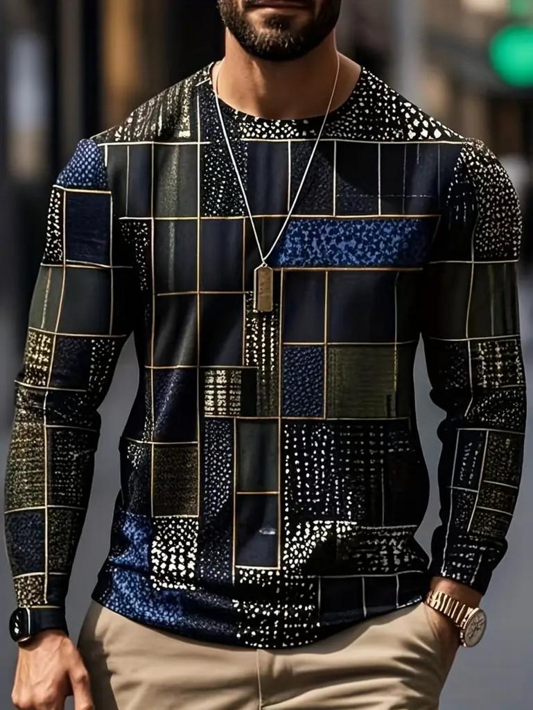 Vintage T-Shirt for Men Patchwork Grid Graphic T Shirts 3D Print Long Sleeve Tee Oversized Man Clothing Tops Creative Clothing