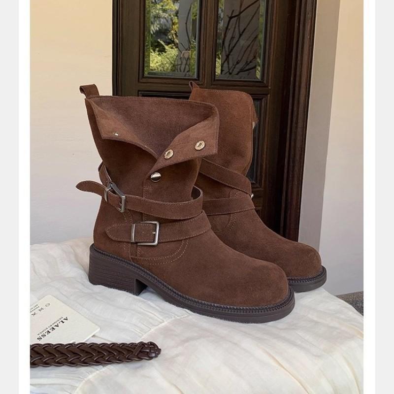 Grape mother, the same style has a height increase of 5.5cm~ retro Maillard thick heel thick bottom buckle with suede high heel short boots for wome