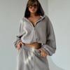Casual European and American fashion suit solid color long-sleeved cardigan zipper hooded sweater lace-up wide-leg pants two-piece set
