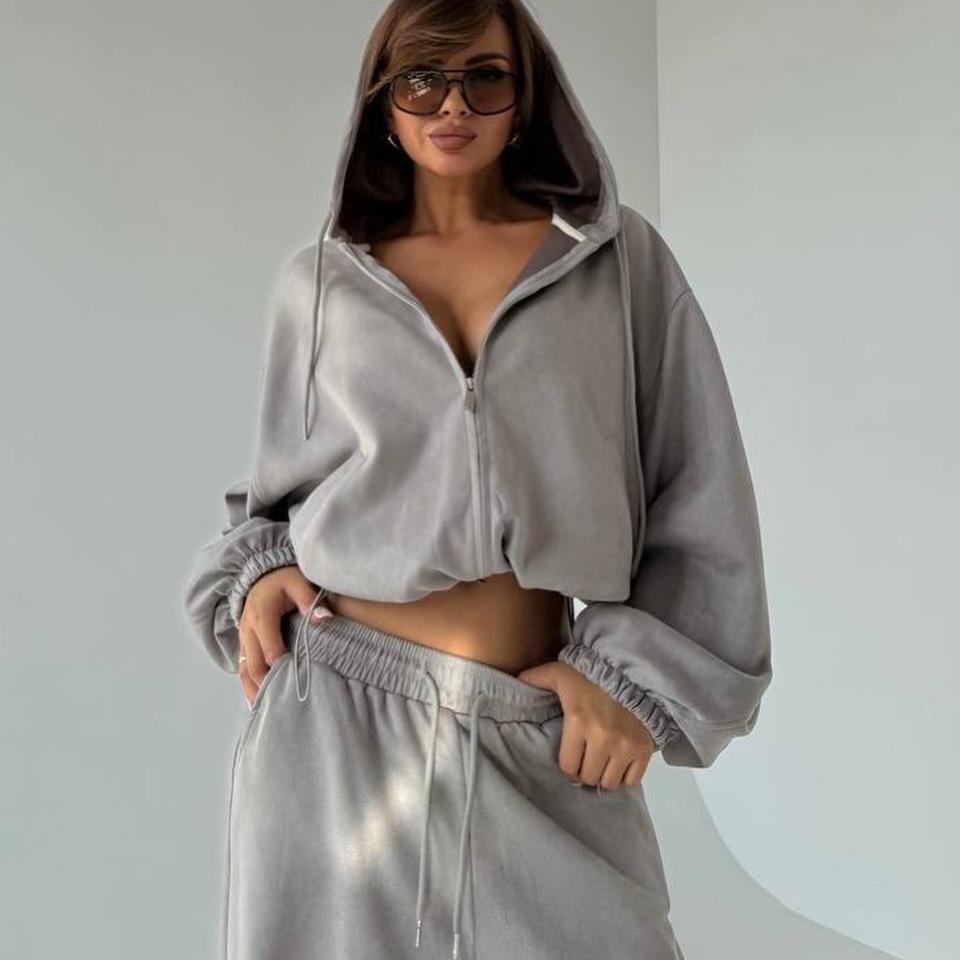 Casual European and American fashion suit solid color long-sleeved cardigan zipper hooded sweater lace-up wide-leg pants two-piece set