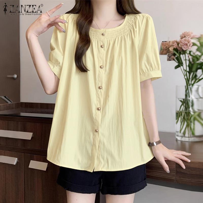 

ZANZEA Summer Women Short Puff Sleeve Solid Color Casual Ruffled Blouse S оранжевый
