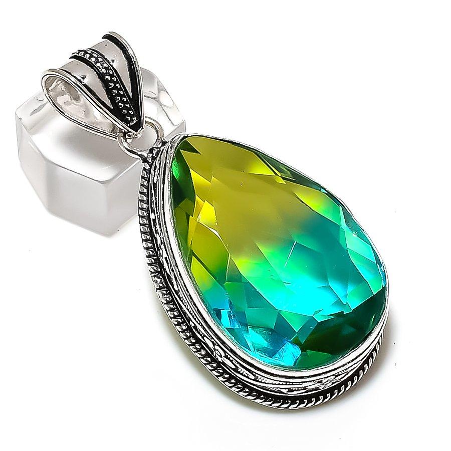 Natural Bi-Color Tourmaline Handmade 925 Sterling Silver Gift Pendant 2.21" O9s58
