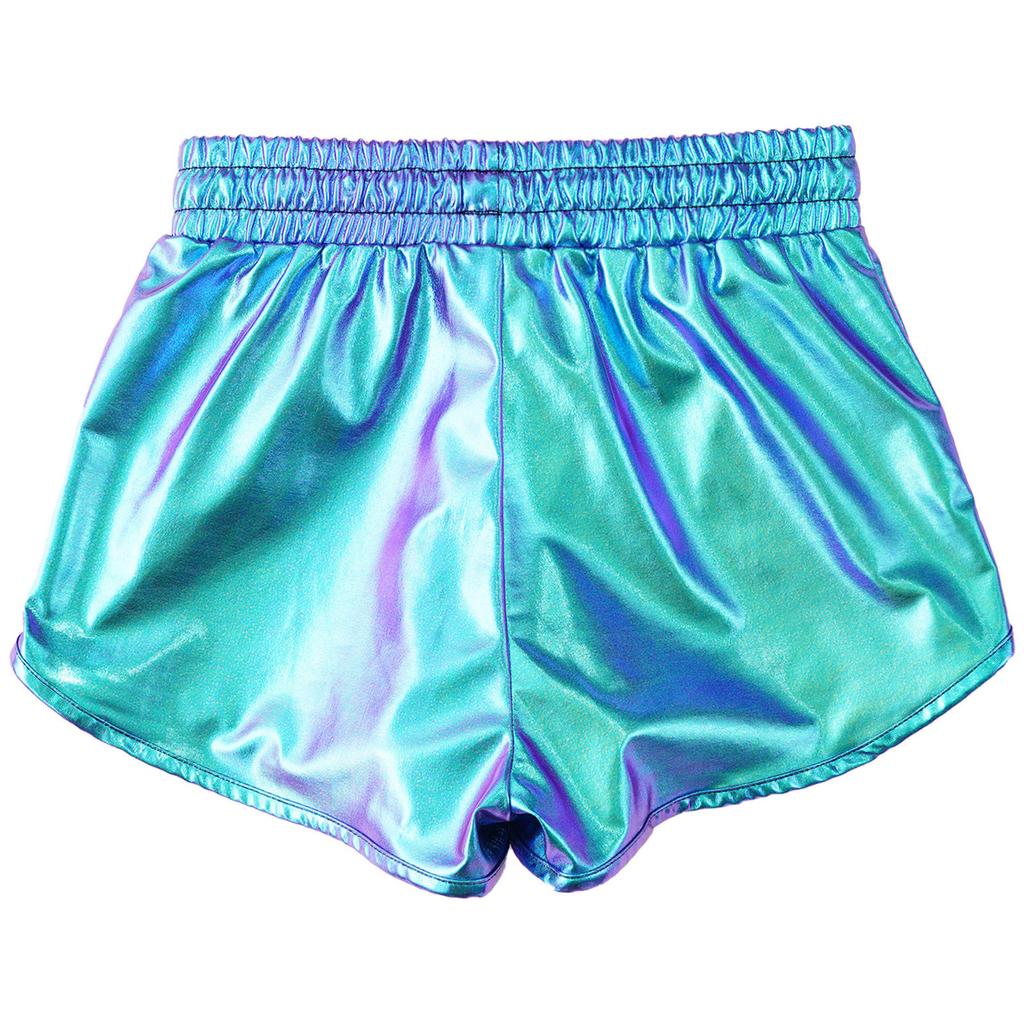 Meisjes Metallic Korte Broek Trekkoord Elastische Tailleband Glanzende Hotpants Dans Bodems Zakken Sportkorte Broek