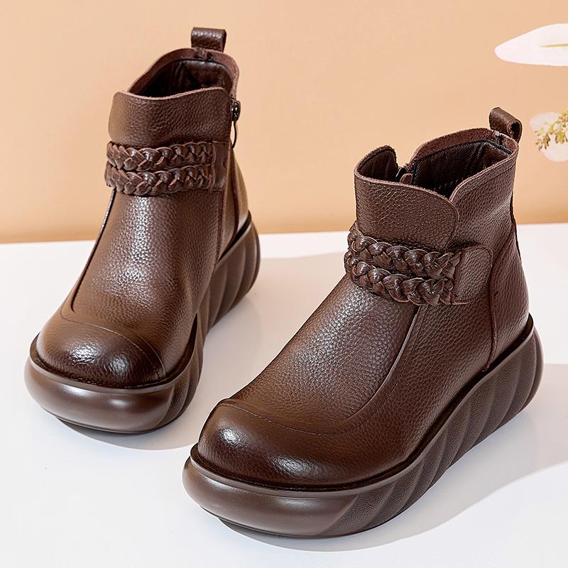 

Fashion GKTINOO 6cm Woman Cow Genuine Leather Autumn Ankle Boots Spring Booties Ethnic Rero Moccasins Platform Wedge Chunky Heels Shoes 225