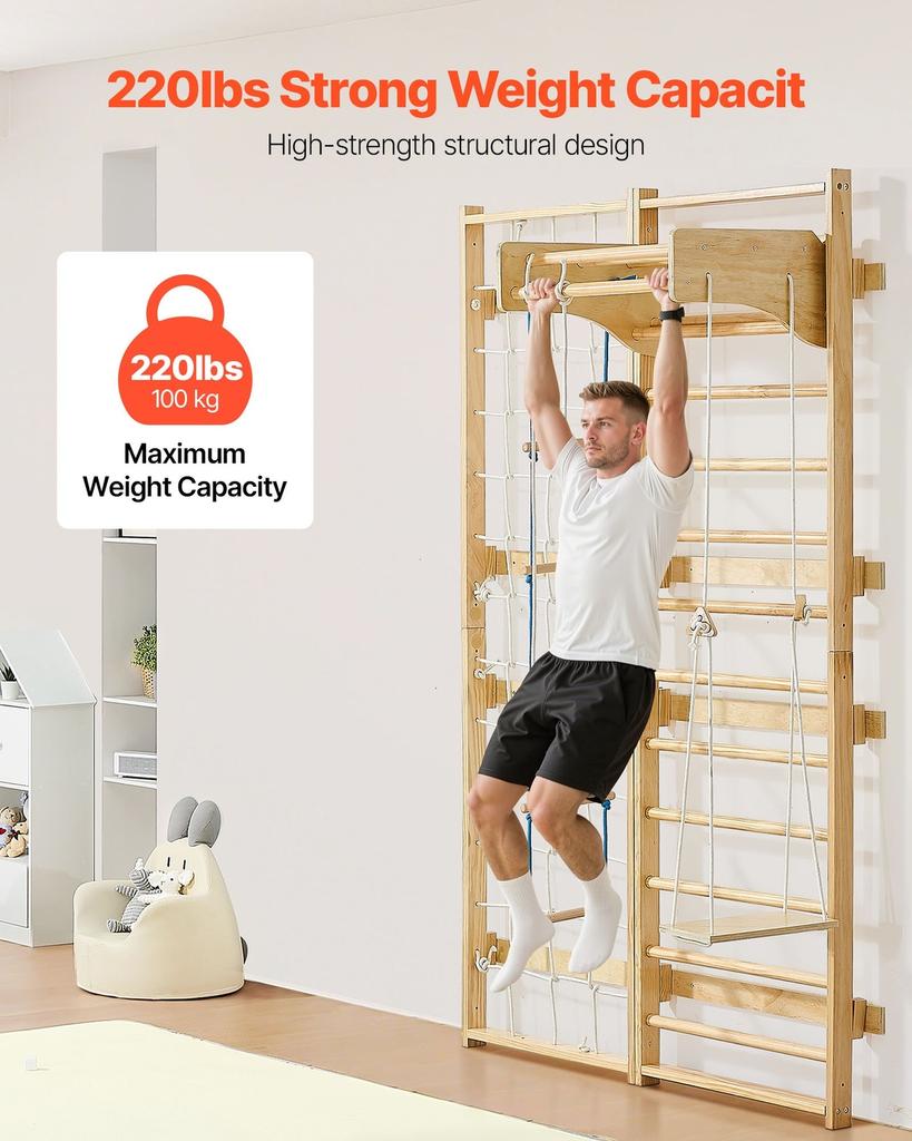 Swedish Ladder Wall Gym, 8-in-1 12-Level Solid Wood Gymnastic Stall Bars for Kids Adults, 220LBS Indoor Jungle Gym Playset with Climbing Board, Gym