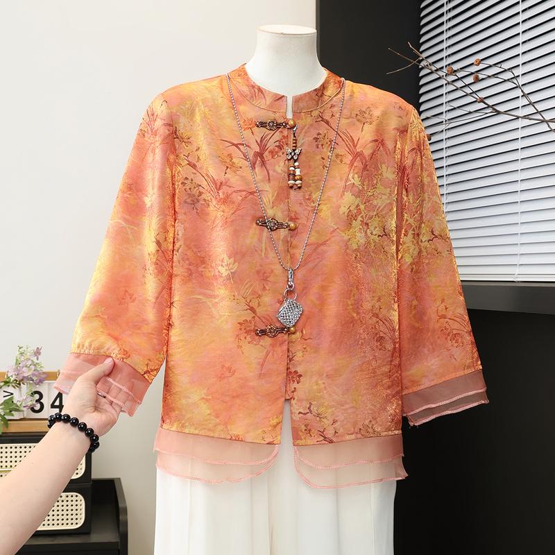 New Chinese Style Printed Stand Collar Shirt for Middle-aged Women 2XL
