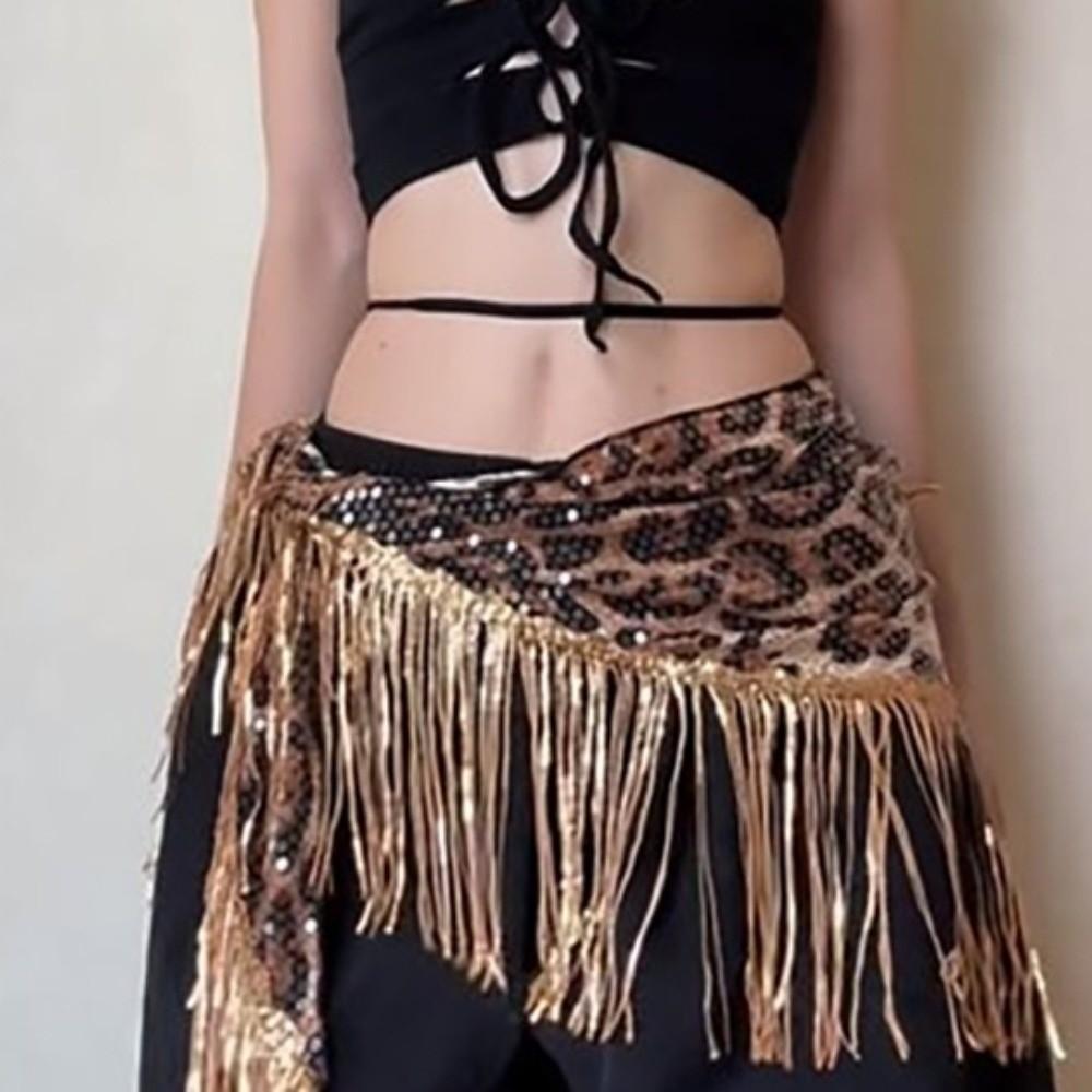 Hip-hop Tassels Leopard Print Belt Sequin Cargo Pants Waist Band Jazz Dance Hip Scarf  Streetwear