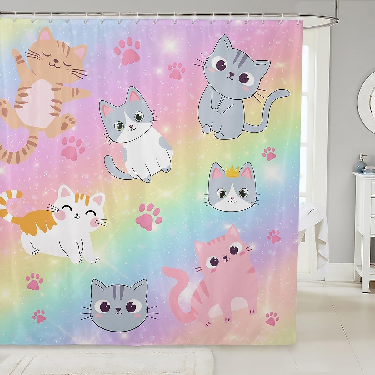 

Colorful Cats Shower Curtain,Cartoon Bath Curtain For Kids Boys Girls Cute Pet Animal Cat Bathroom Curtain Sleeping Cat Pink W60H190(CM)-1 Pcs