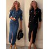 Buttons Denim Dress Autumn Women   Turn Down Collar Jean Dresses Female Vintage Casual Cowboy Long Dress