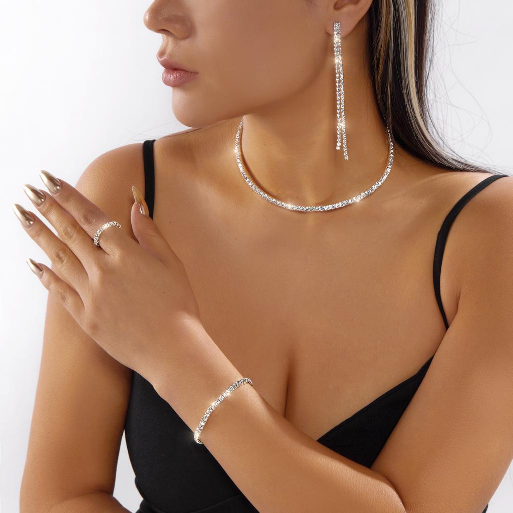 Luxury Pearl Rhinestone Choker Necklace & Bracelet Set for Women Elegant Silver Color Collar Bridal Wedding Jewelry Accessories