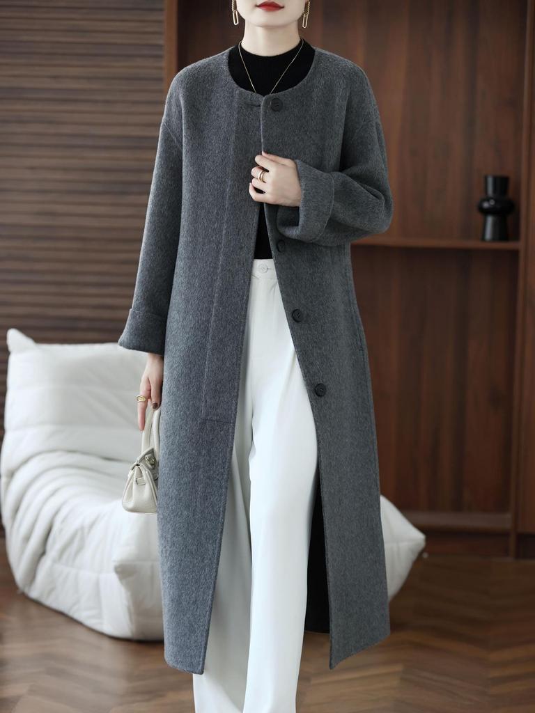 Women's Extra Long Double-Faced Wool Coat - Round Neck, Chinese Style