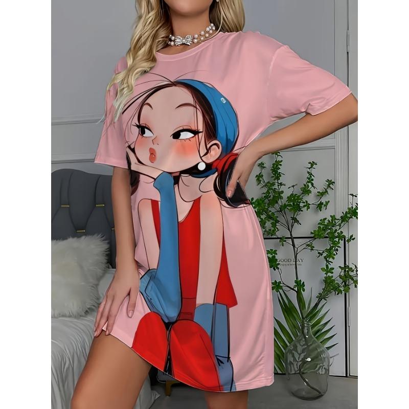 Summer Women's Round Neck Playful Cartoon Girl Print t Short Sleeve Dress Home Dress Comfortable Home Dress