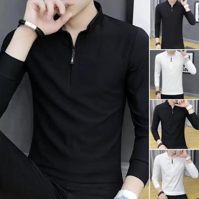 Spring Fall Men Shirt Long Sleeves Half Zipper Slim Fit Stand Collar Pure