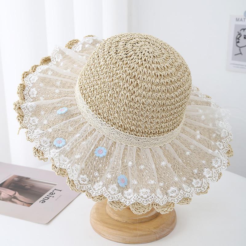 Summer Women's Wide Brim Straw Beach Sun Hat With Lace Mesh Design Breathable For Outdoor Packable Travel Sunscreen Sunhat