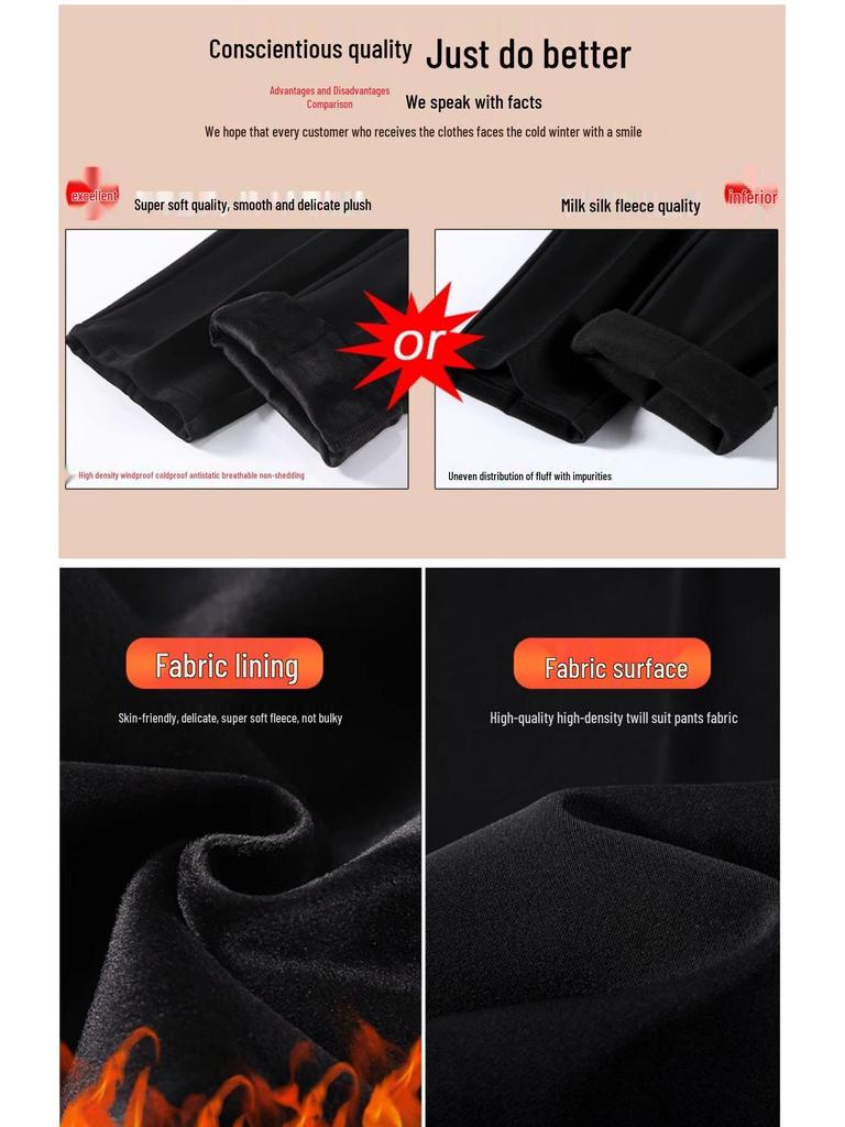 Women's Black High-Waisted Fleece-Lined Slim-Fit Suit Pants for Autumn/Winter - Casual Straight-Leg Formal Wear