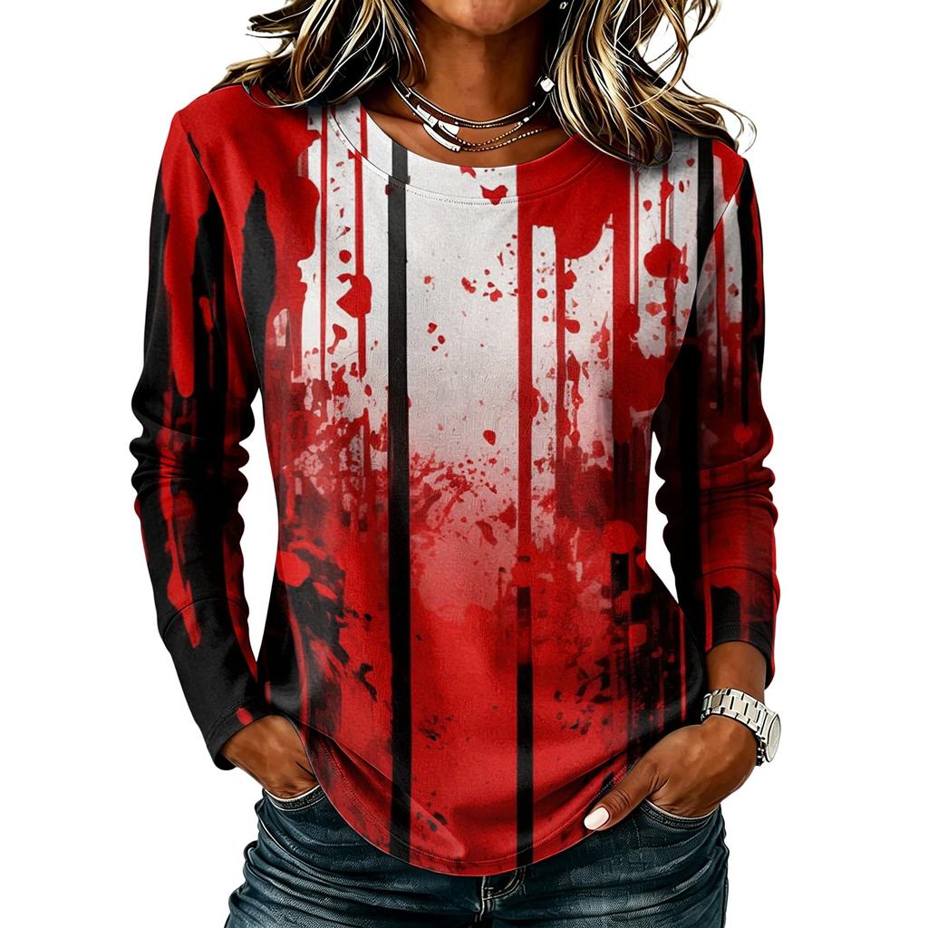Women's Casual Long Sleeve Halloween Print Top, Round Neck Blouse for Fall Daily Wear