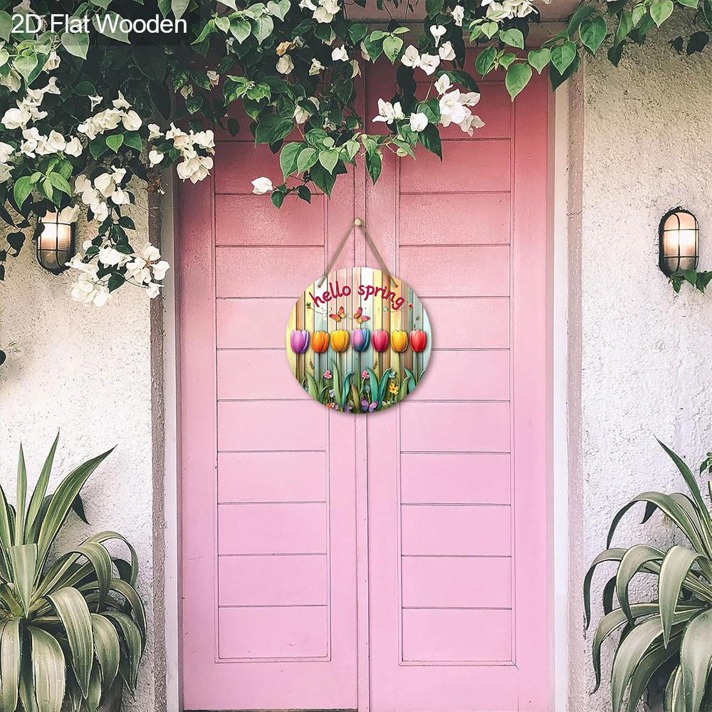 2D Flat, 1pc Hello Spring Colorful Tulip Wooden Hanging Sign Spring Party Ornament Perfect for Home Wall and Entry Door Decoration Garden Decoration