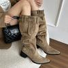 But Knee Boots Women's 2026 Autumn and Winter New Suede Pointed Knight Boots Thick Heel Thin Pleated Large Tube Stacking Boots