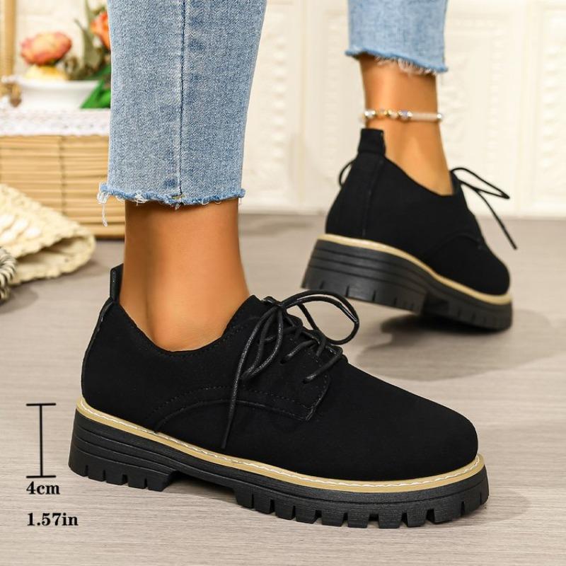 Women Plus Size Lace Up Mid Heel Loafers Round Toe British Style New Autumn Leather Shoes